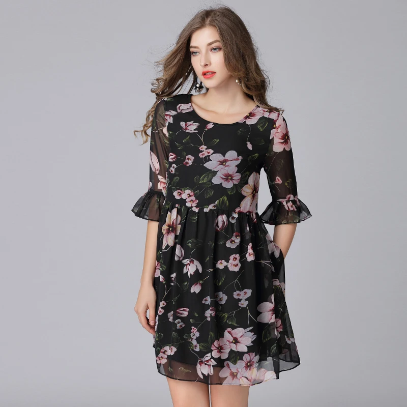 2019 платье с расклешенным рукавом и принтом пикантное женское модное большого