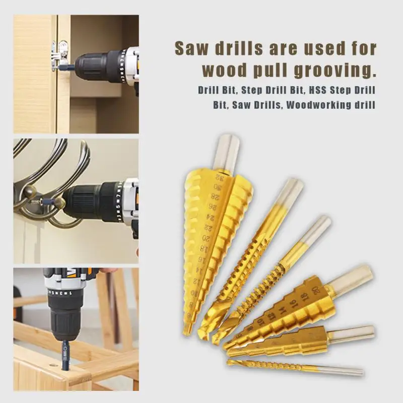 6 шт. Профессиональный титановый с покрытием HSS Шаг сверло и пилы сверла для металла/дерева 3 мм/0.12in, 6 мм/0.24in, 8 мм/0.21in
