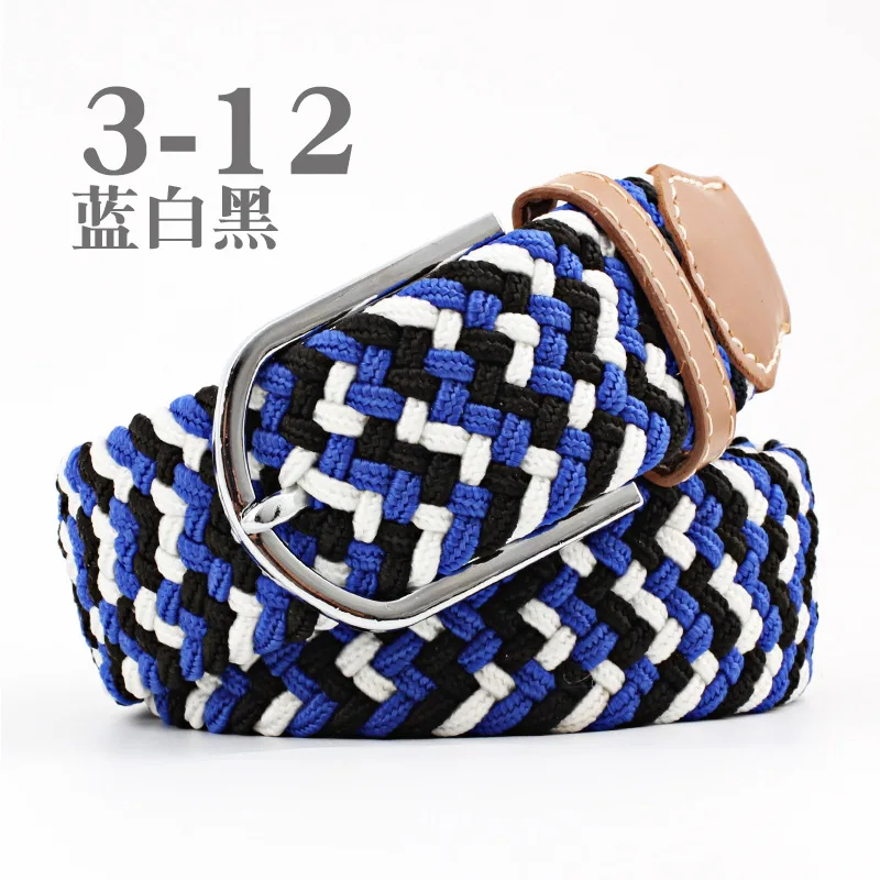 Blue white black Модный широкий пояс для мужчин и женщин, эластичный трикотажный ремень для джинсовой одежды с кожаной металлической пряжкой, повседневный ремень для унисекс - Цвет: Blue white black