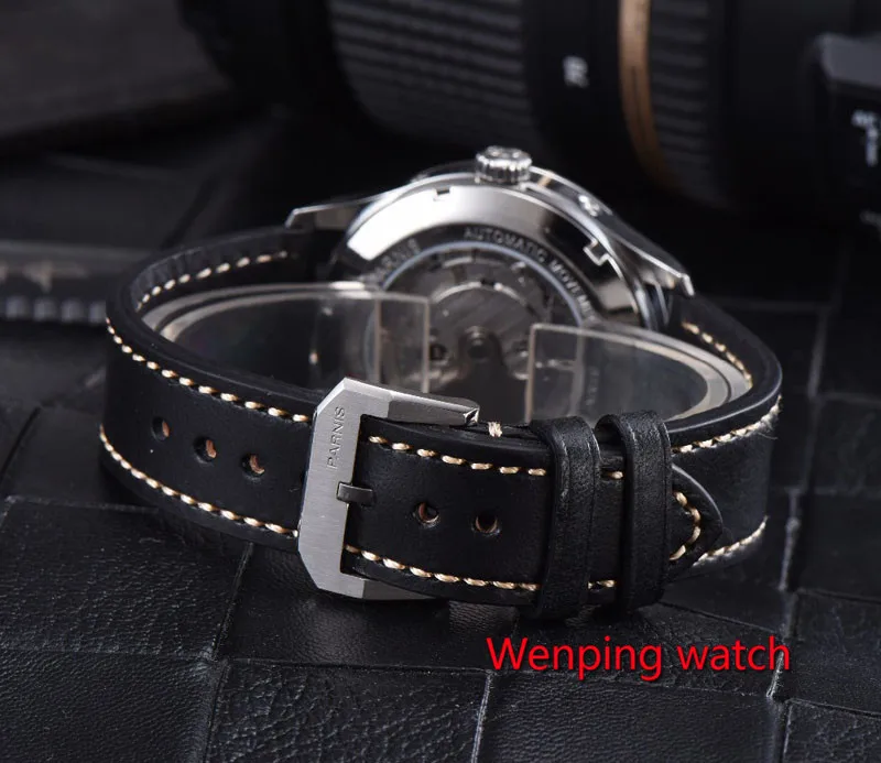 W2497 42 мм Parnis черный или белый циферблат кожаный ремешок Asia Automatic GMT наручные