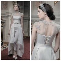 2021 sheer high neck cap shoulder lace appliques wedding dresses lace pants detachable train vestindos de mariee bridal gowns