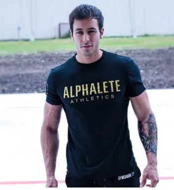 Черный ALPHALETE летняя Новинка для мужчин тренажерные залы футболка фитнес бодибилдинг тонкие футболки Мода для отдыха с коротким рукавом хлопковые футболки топы - Цвет: Черный