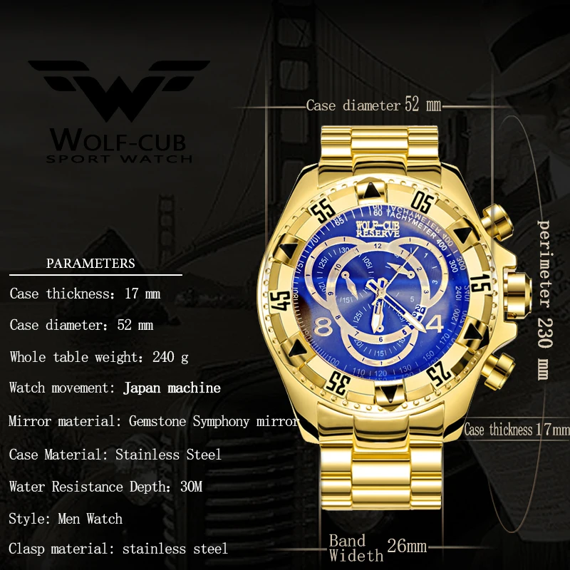 WOLF-CUB Relogio Masculino мужские модные креативные часы с большим циферблатом роскошные золотые Стальные кварцевые наручные часы водонепроницаемые мужские часы