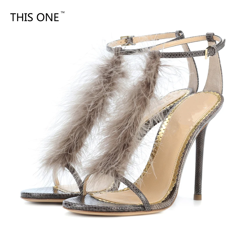 Desiger 2018 summer new high heels 11cm serpentine fur feather buckle strap fashion concise party sandals big size 40-43 | Обувь