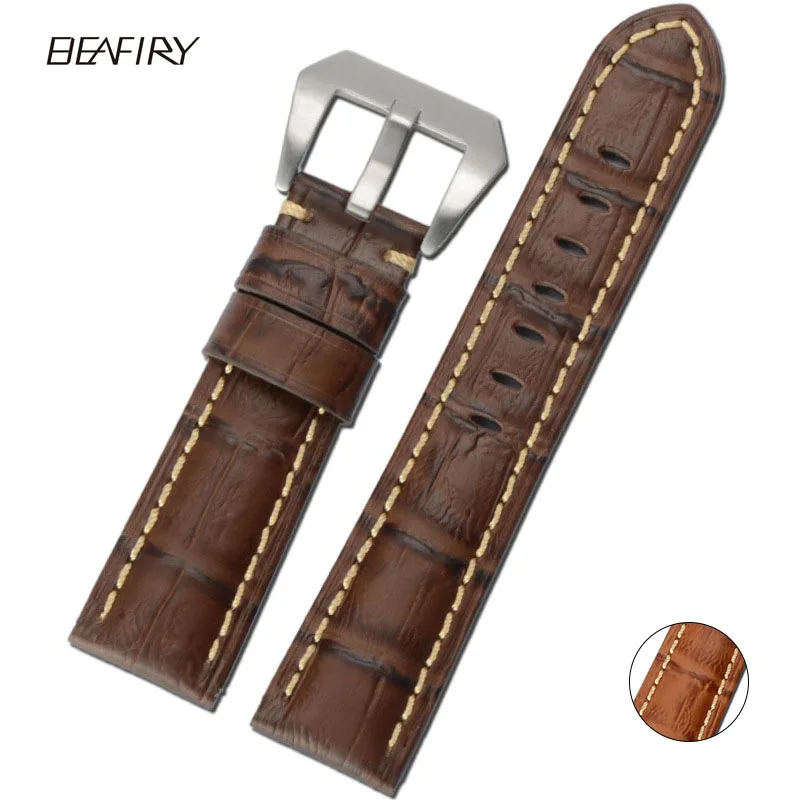 

Браслет из натуральной кожи BEAFIRY, 22 мм, 24 мм, 26 мм, винтажный ремешок с бамбуковым узором, ремешок для часов, застежка, браслеты для мужчин, коричневый цвет