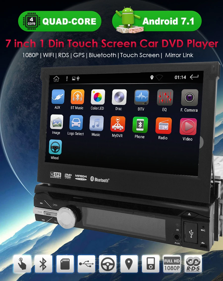 Универсальный 1 din Android 8 четырехъядерный автомобильный dvd плеер GPS Wifi BT Радио 2 Гб