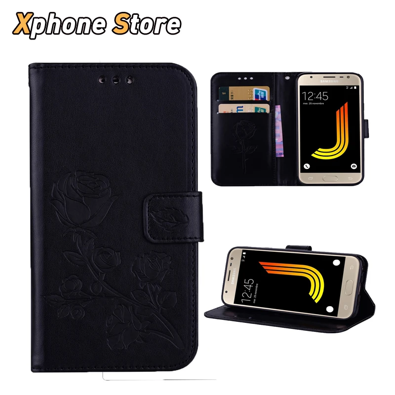 Кожаный чехол книжка с отделениями для карт и рисунком розы Samsung Galaxy J3 2017 J330|leather