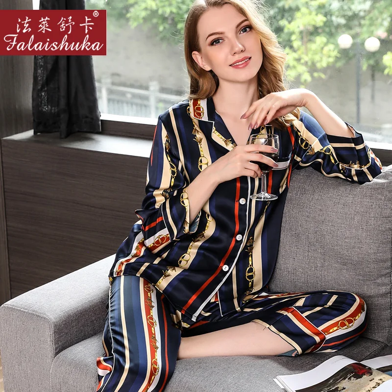 

100% Silk Stain Pajama Sets Women 2019 pajamas Set Silk Sexy Nightwear Striped pijama feminino Sleepwear Set Homewear Pijama