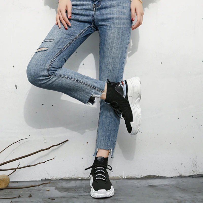 Новые белые женские носки кроссовки дышащие эластичные сетчатые на шнуровке