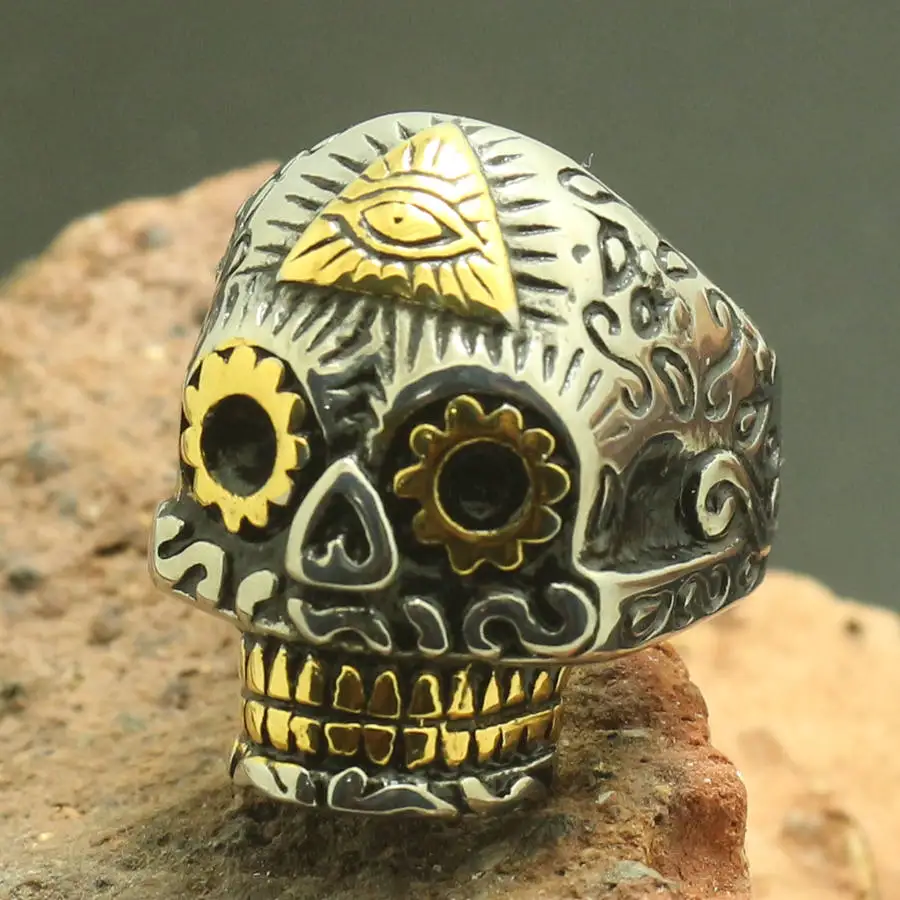 Розничная продажа мужское кольцо из нержавеющей стали 316L с крутым черепом|golden