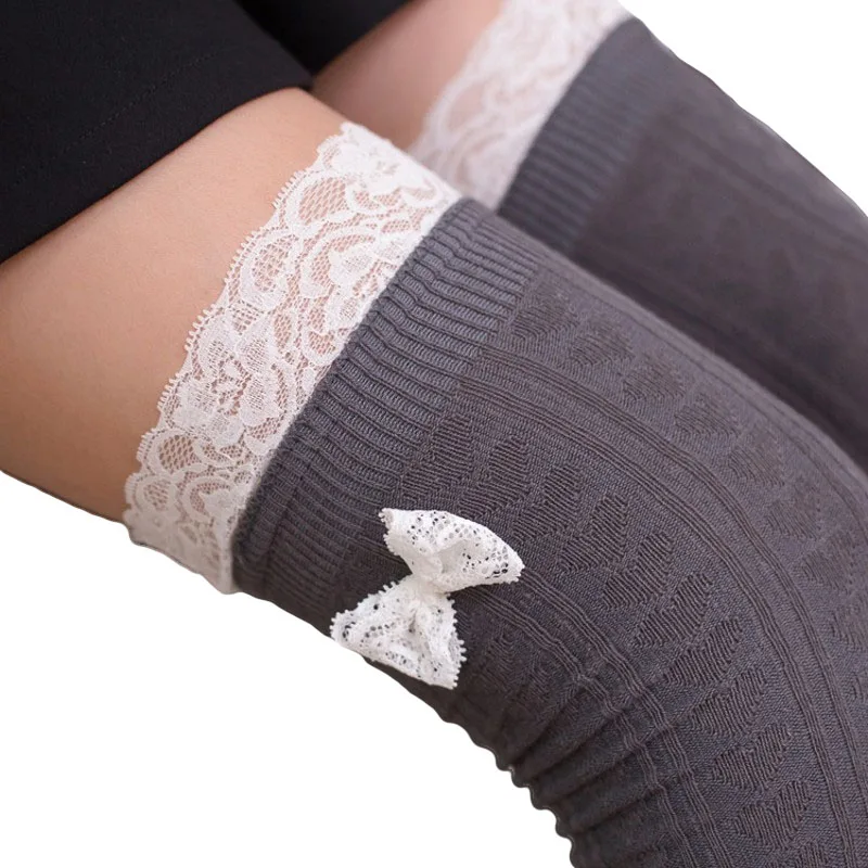 Японские милые чулки в стиле Лолиты для женщин; Calcetines Altos Mujer; кружевные носки выше колена с бантом; теплые хлопковые чулки для девочек