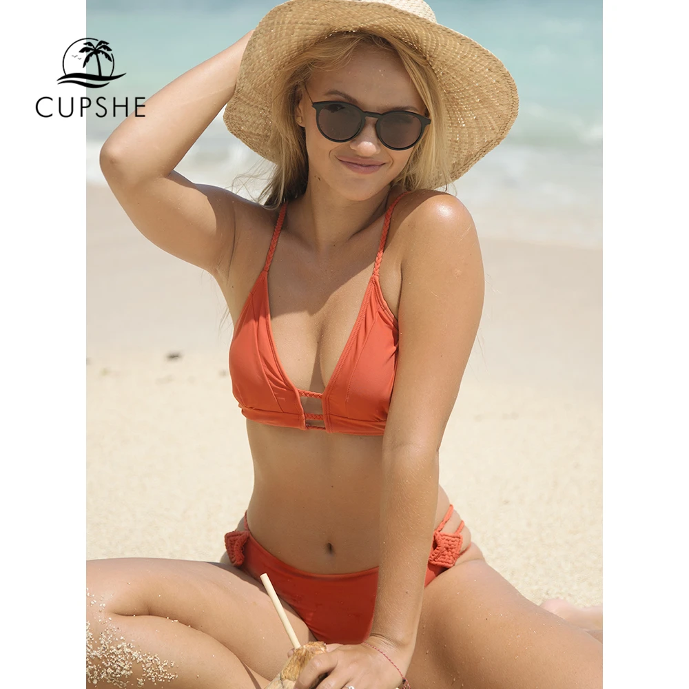 Женский купальник бикини CUPSHE с оранжевым плетеным ремешком и кроше на бретельках