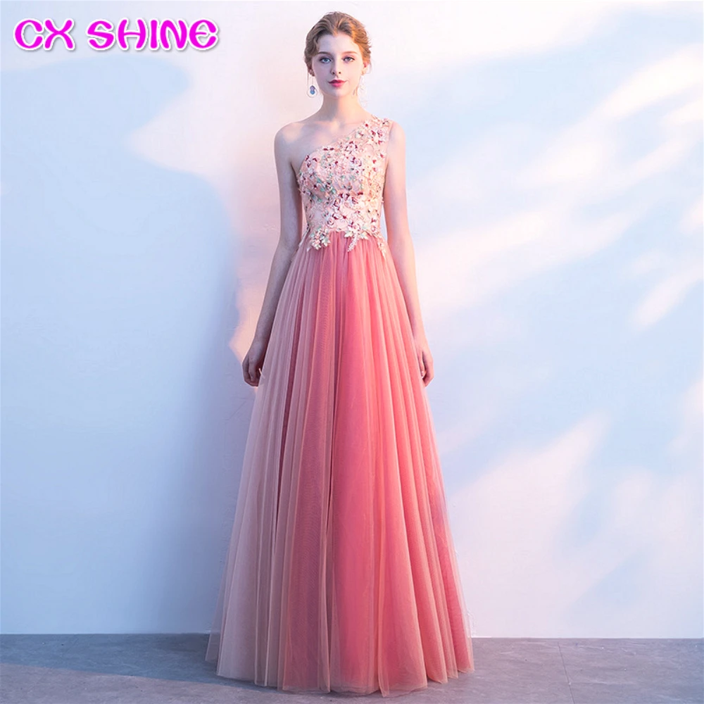 CX Элегантное Длинное розовое вечернее платье на одно плечо с кружевными цветами