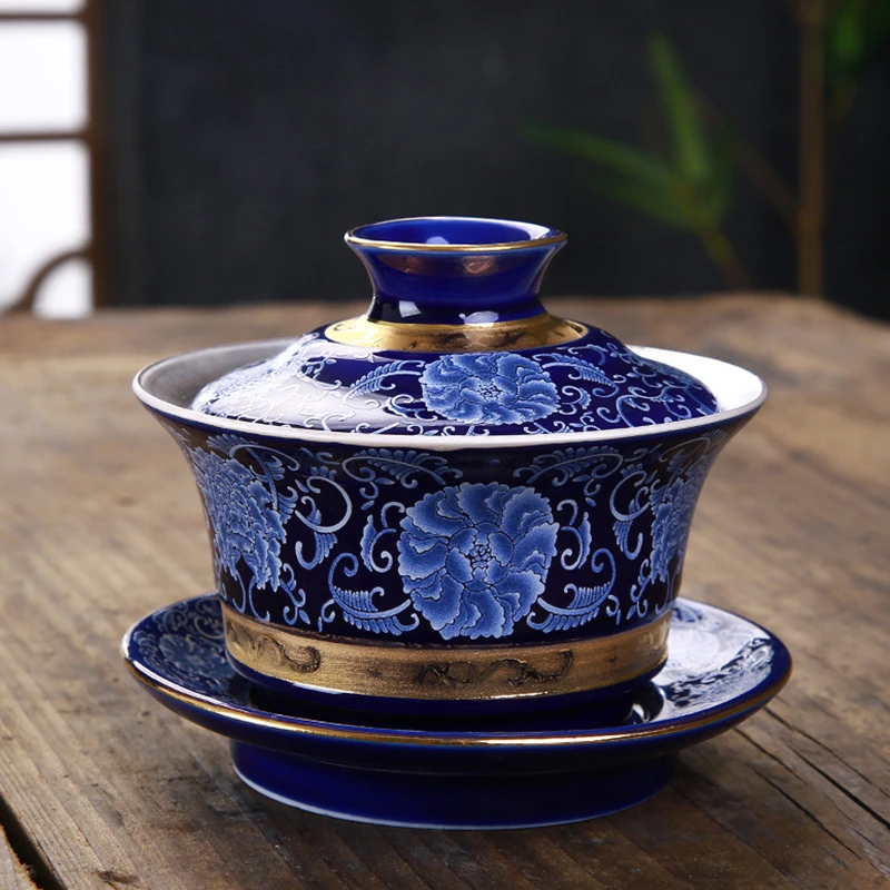 Серебряная фарфоровая чаша Gaiwan, Набор чашек ручной работы, пион, цветок лотоса, керамическая супница, китайский чайный сервиз Кунг-фу, чашка gaiwan, блюдце, крышка