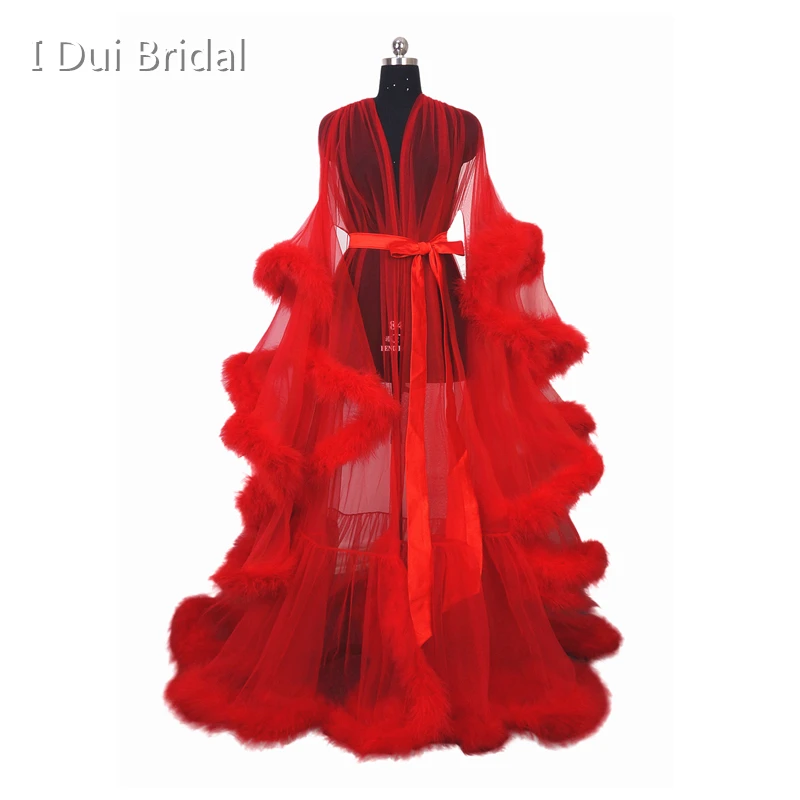 

Feather Tulle Illusion Evening Dress Long Sleeve Robe Scarf Party Gown School Dance Dress Dressing Gown