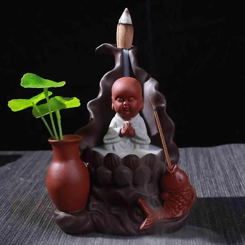 

Incense Burner Smoke Waterfall Backflow Incense Holder Little Monk Ceramic Censer Creative Home Decor Mountain River Handicrafts