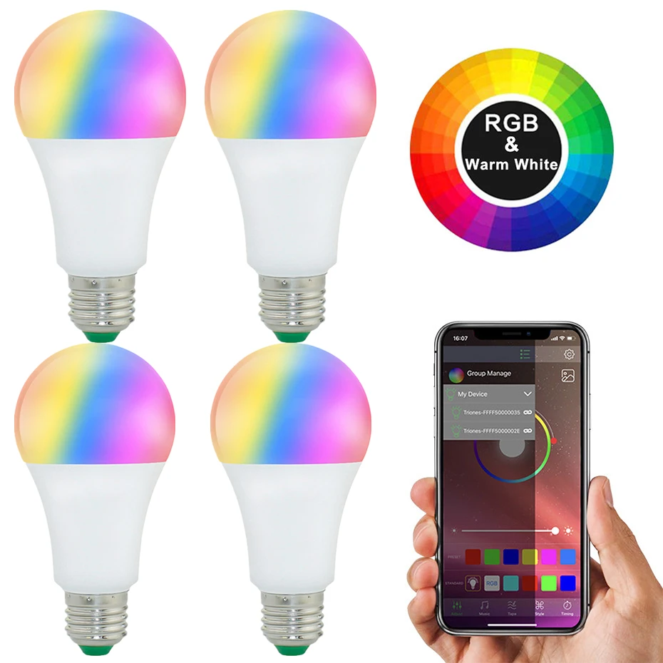 Светодиодный смарт светильник E27 4 шт. Bluetooth B22 RGB светодиодный 20 режимов 15 Вт RGBW RGBWW