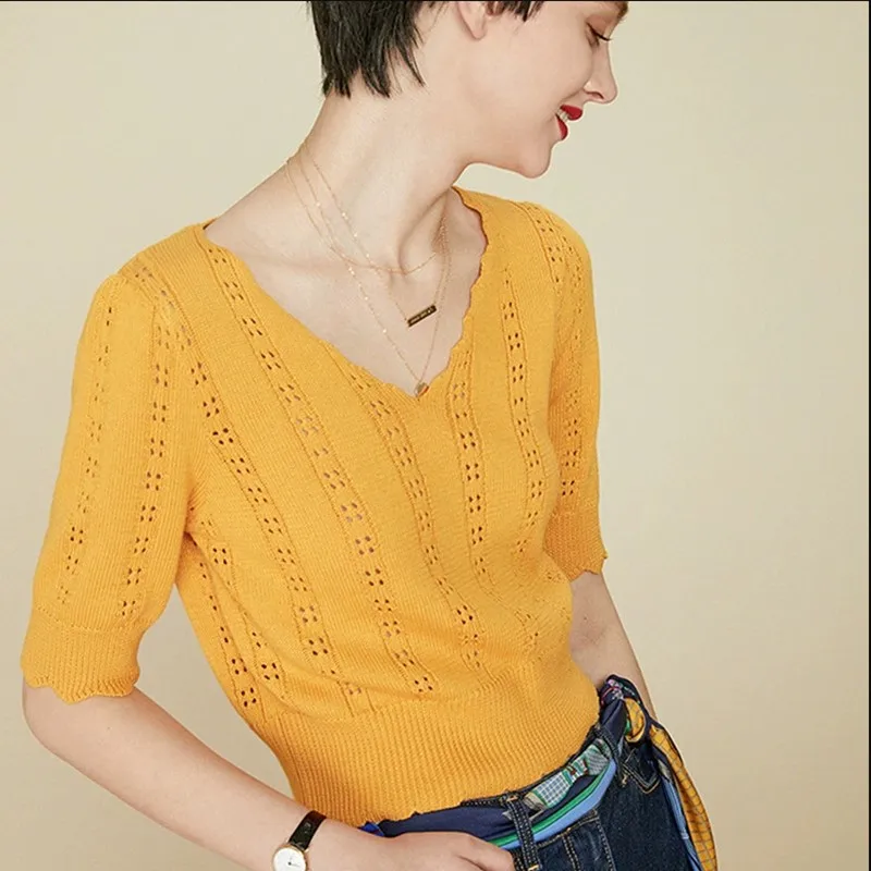 BARESKIY2019 new spring half sleeve solid color women's knit casual short-sleeved shirt V-neck slim stretch sweater | Женская одежда