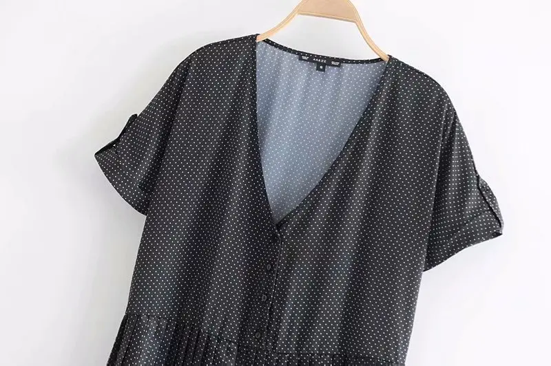 Женская мода v-образным вырезом с коротким рукавом shirtdress шарф в горошек и пуговицы повседневные платья женские подол лоскутное плиссированные платья DS1970