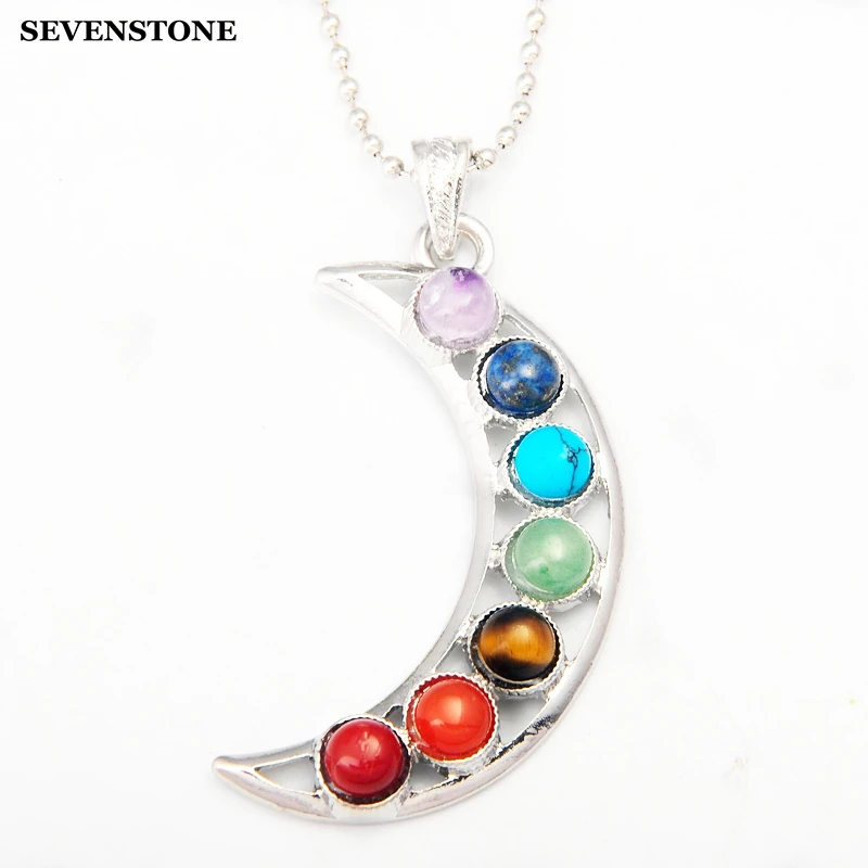 

SEVENSTONE Jewelry Moon Shape 7 Chakra Stones Pendant Necklace Natural Stone Pendants Reiki Healing Crystal Necklaces for Women
