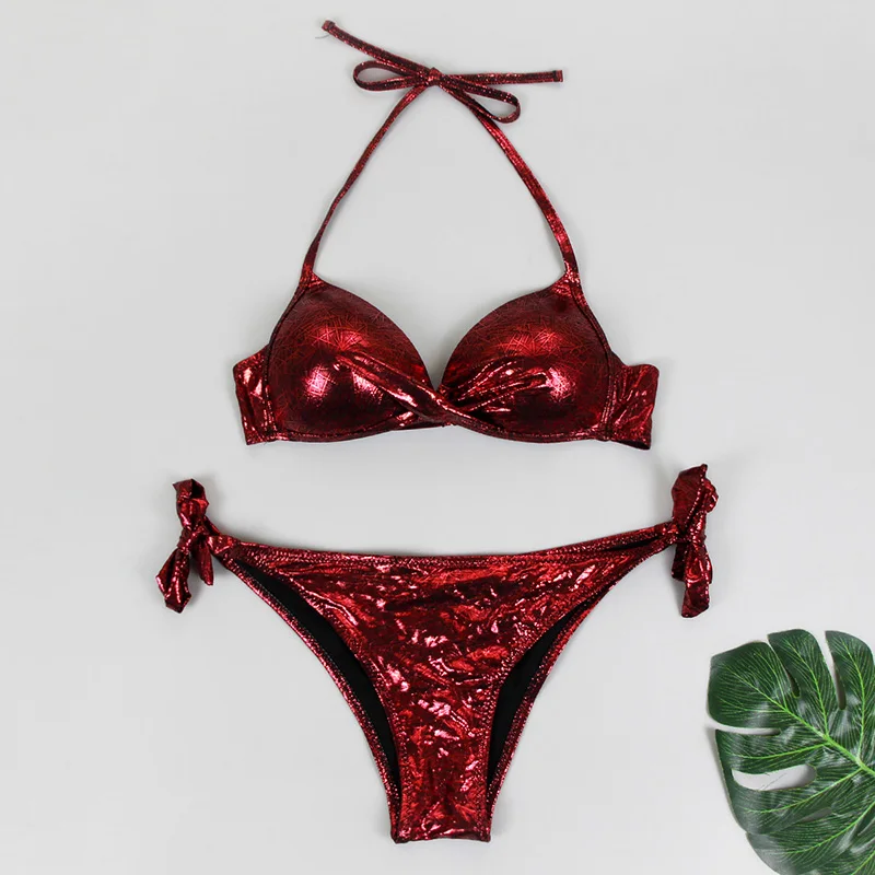 Бикини в стиле пэчворк, пуш-ап, бикини, для женщин, окантовка, блестящий бикини, купальный костюм, женский купальник с блестками, Одноцветный, размера плюс, купальник