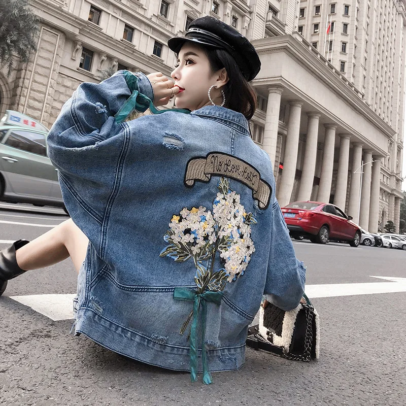 

New Women Coat Spring Autumn Plus Size Casual Loose Embroidery Single Button Hole Jeans Jacket For Women Denim Outerwear Coat