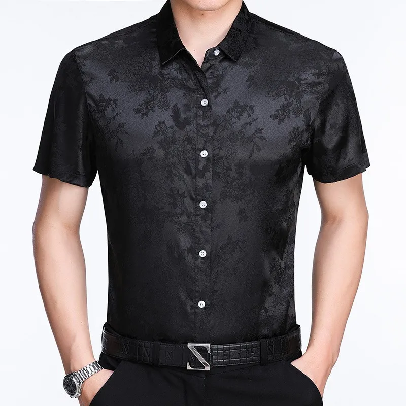 Мужская шелковая рубашка с короткими рукавами Летняя в полоску цветочным