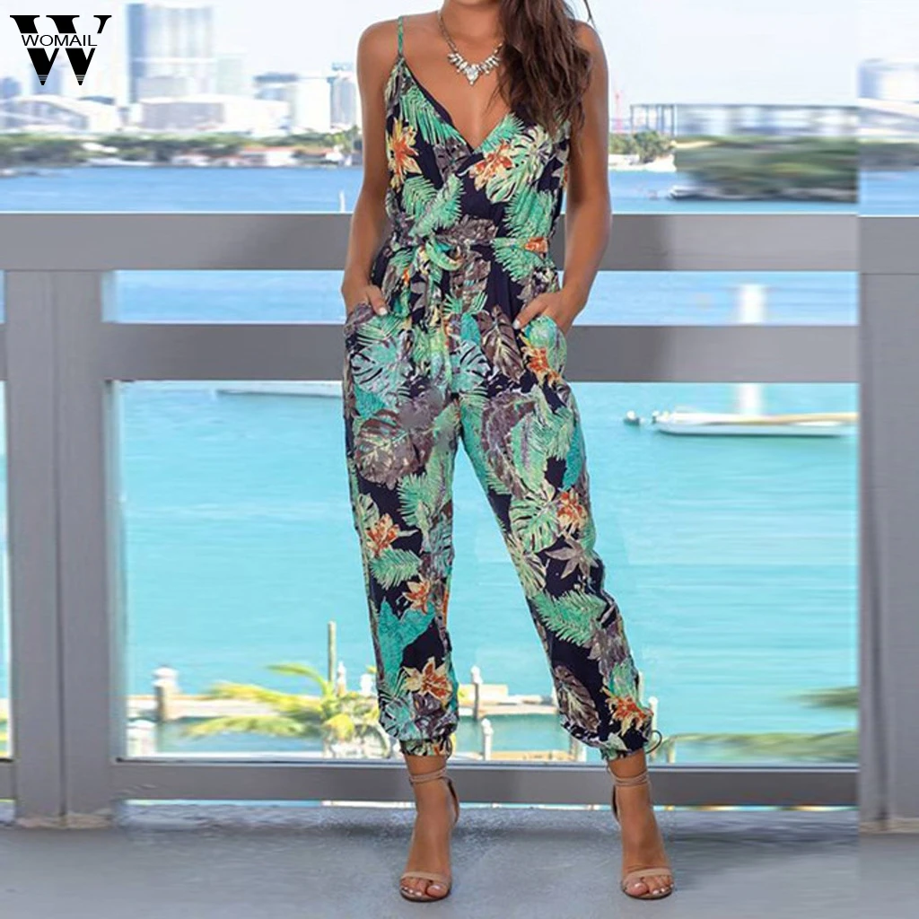 Womail Fashion комбинезон Для женщин платье без рукавов с принтом на тонких бретелях с v-образным вырезом и Повседневное карманы свободный комбинезон для женщин, Прямая поставка May29