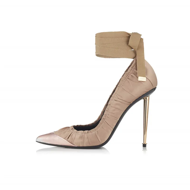 

Fashion design patchwork satin stretch cloth pumps sexy metal heel ankle strap high heels women party shoes khaki black