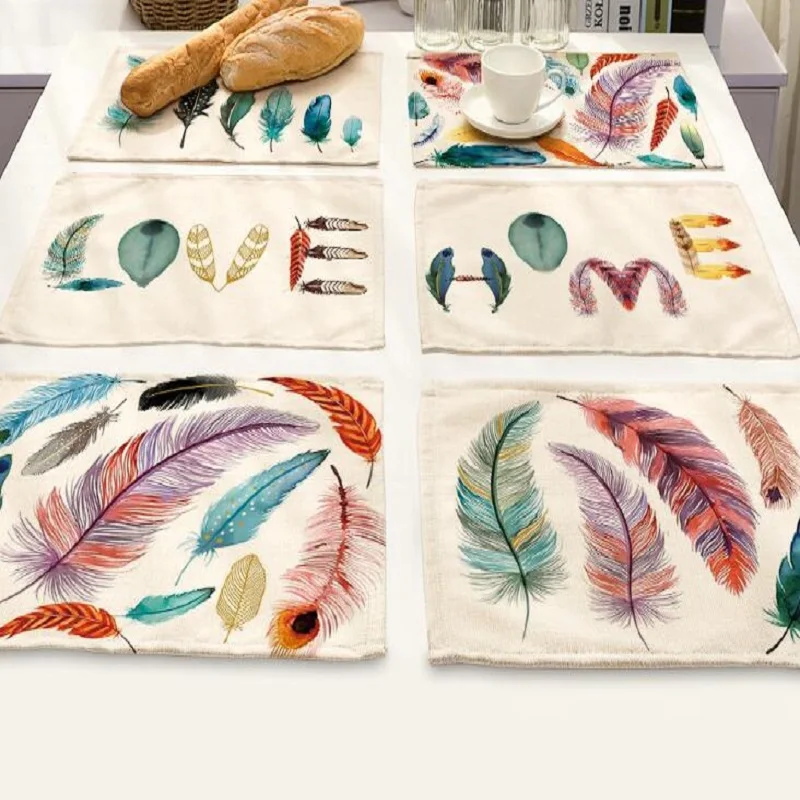 

4pcs Placemat Colorful Feather Printed Mat Kitchen Accessories Tablecloth Drink Coaster Pad Plate almofada Doilies Pad Table Mat