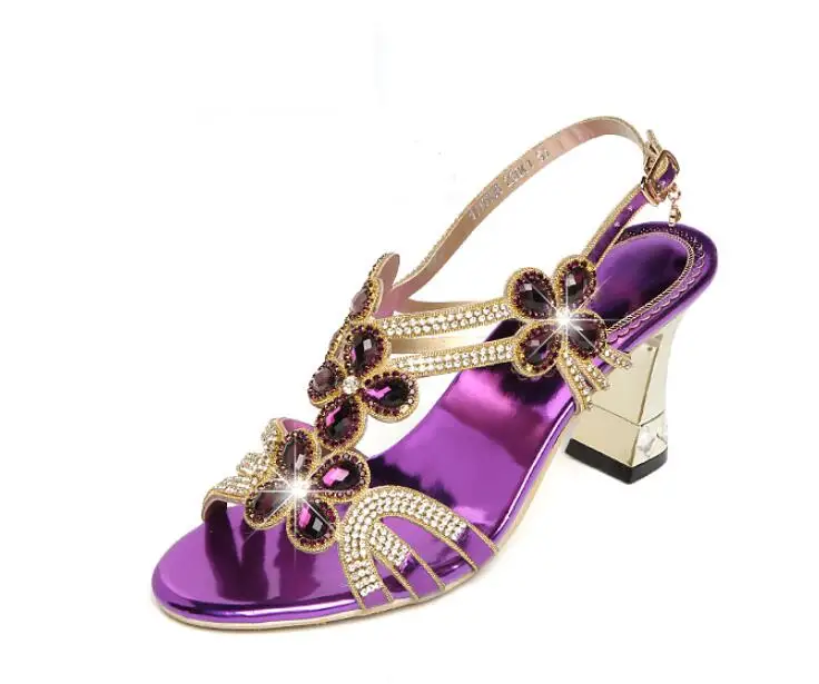 Стразы женские сандалии из натуральной кожи летние с открытым носком на толстом