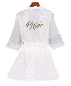 Кружевные рукава сексуальные женские пижамы Халаты плюс размер Золотые буквы свадебное кимоно атласные шелковые женские халаты подружек невесты