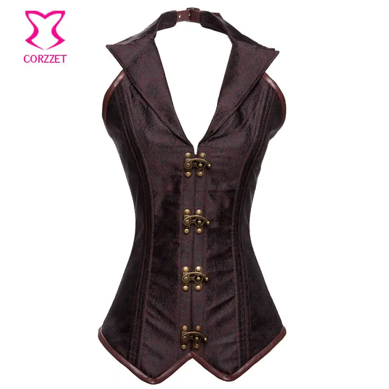 Brown Vintage Brocade Halter Collar Gothic Corset Corselet Sexy Steel Boned Long Waist Trainer Corsets Women Steampunk Clothing