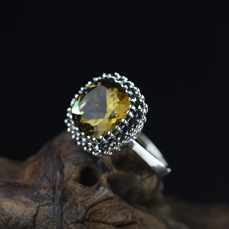 

Elegance Yellow Crystal Inlay 100% Pure 925 Sterling Silver Ring For Women,Vintage Gemstone Ring Fine Jewelry For Wholesale