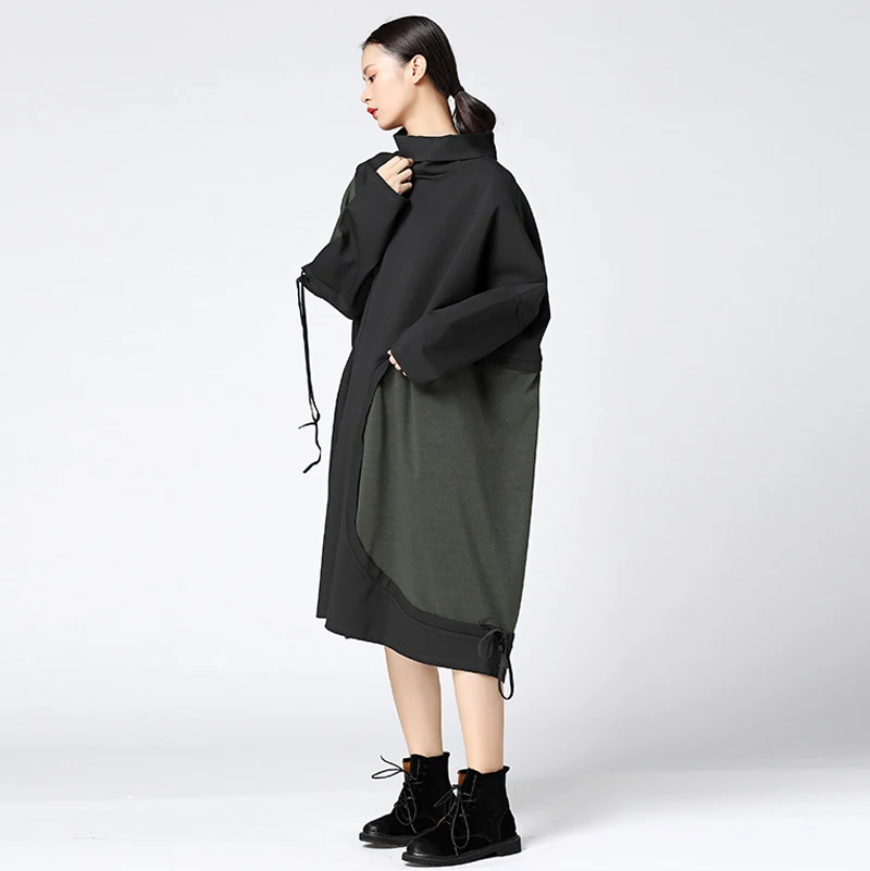 TWOTWINSTYLE Turtleneck Casual Dress Female Lace up Batwing Sleeve Patchwork Dresses Women Clothing Big Sizes 2018 Spring New | Женская