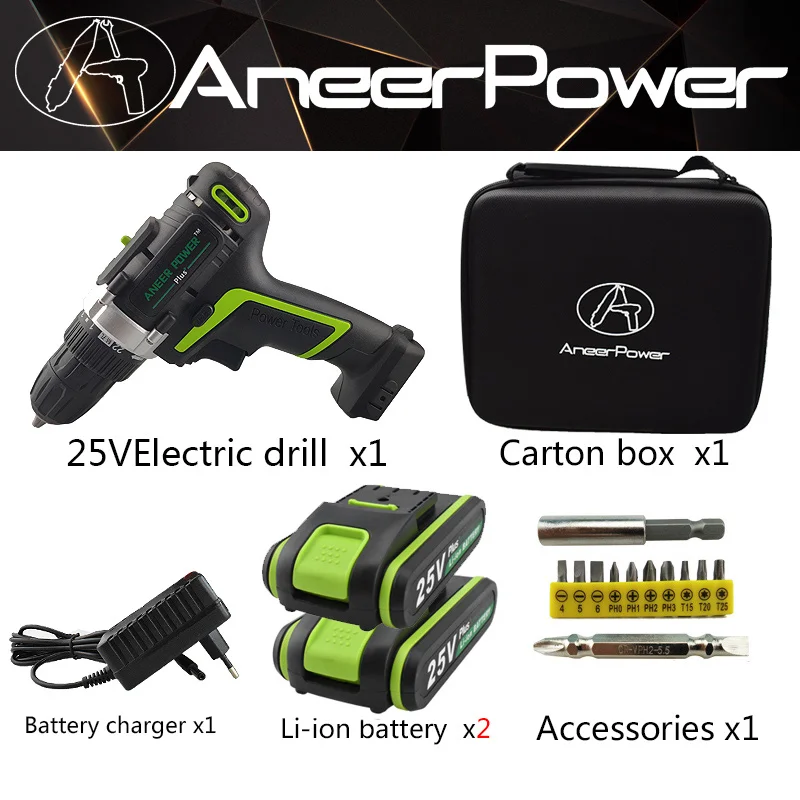 2 pcs battery 25 в Беспроводная отвертка электрическая дрель инструмент мини батарея инструменты дрель мощность машина электрическая для аккумуляторных сверл Набор бит инструмент - Цвет: 2 pcs battery