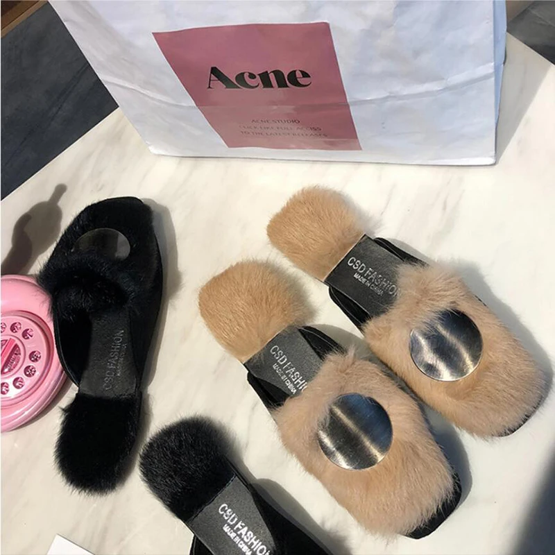 Меховые мюли с закрытым носком Женские однотонные меховые шлепанцы без застежки