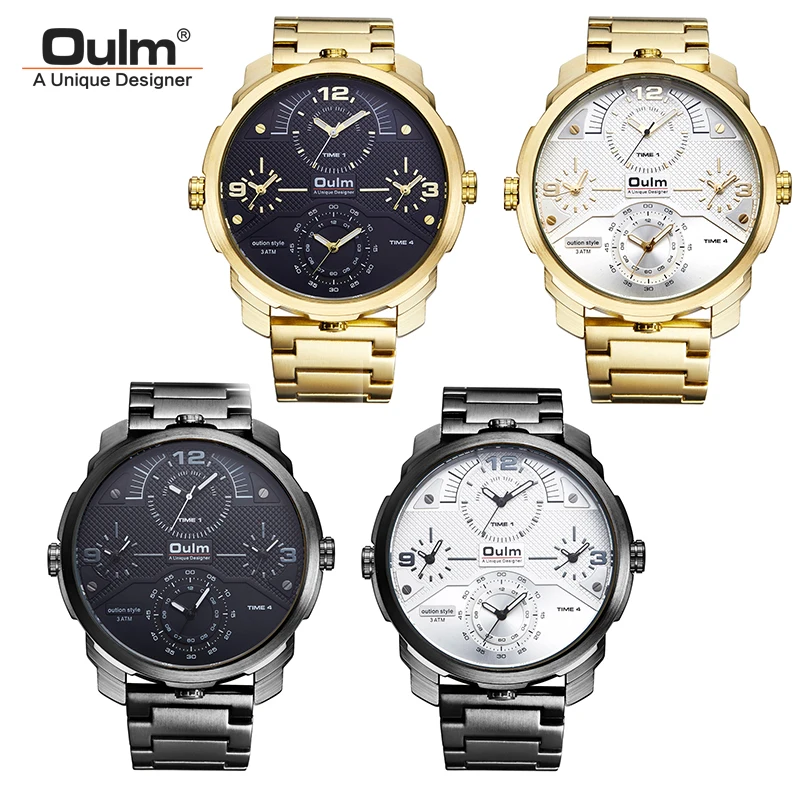 

Top Brand Luxury Oulm Fashion Quartz Men Watch Big Size Dial Multiple Time Zone All steel Men Quartz Watches Gold Male Clock