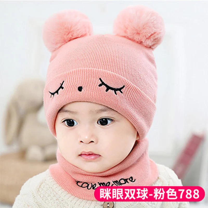 eye pink Модные детские шапки, зимние вязаные шапки для новорожденных, теплый медведь, Круглый машинный колпачок, защищает шапка с ушками, детские шапки+ наборы с шарфом - Цвет: eye pink