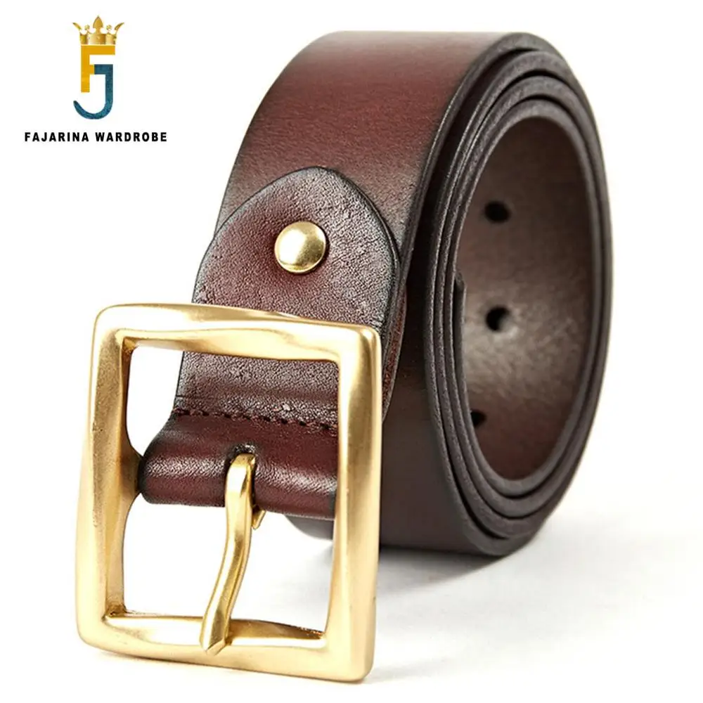 FAJARINA Top Quality Reak Pure Cow Skin Leather Belts Mens Brass Pin Buckle Men's Cowhide Belt for Men 3.8cm Width N17FJ343