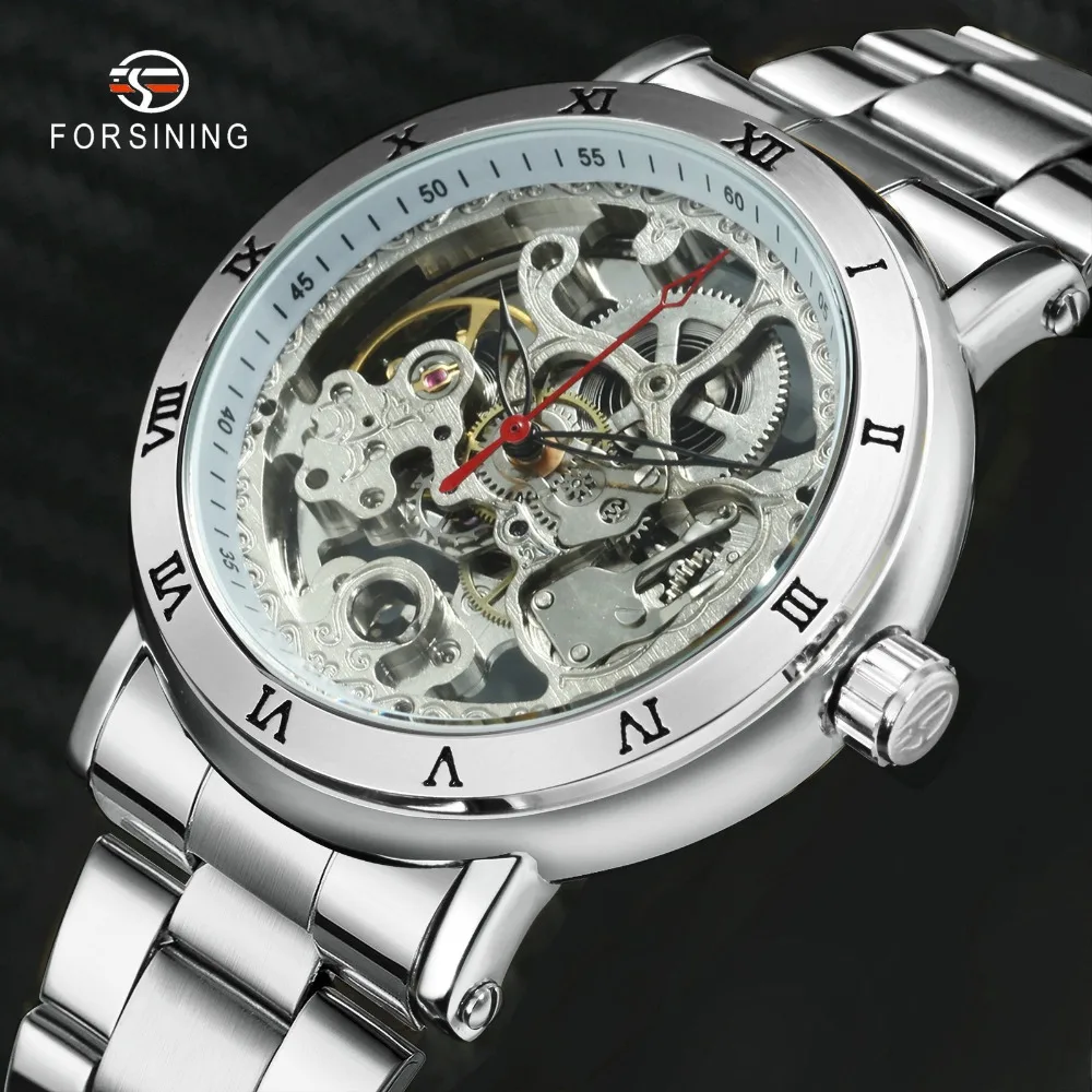 Мужские классические часы FORSINING с кожаным ремешком из нержавеющей стали|Мужские