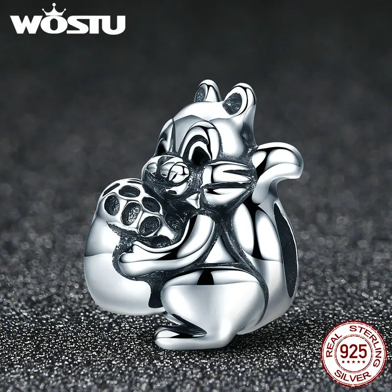 WOSTU 925 стерлингового серебра Симпатичные белки животных Бусины Подходят