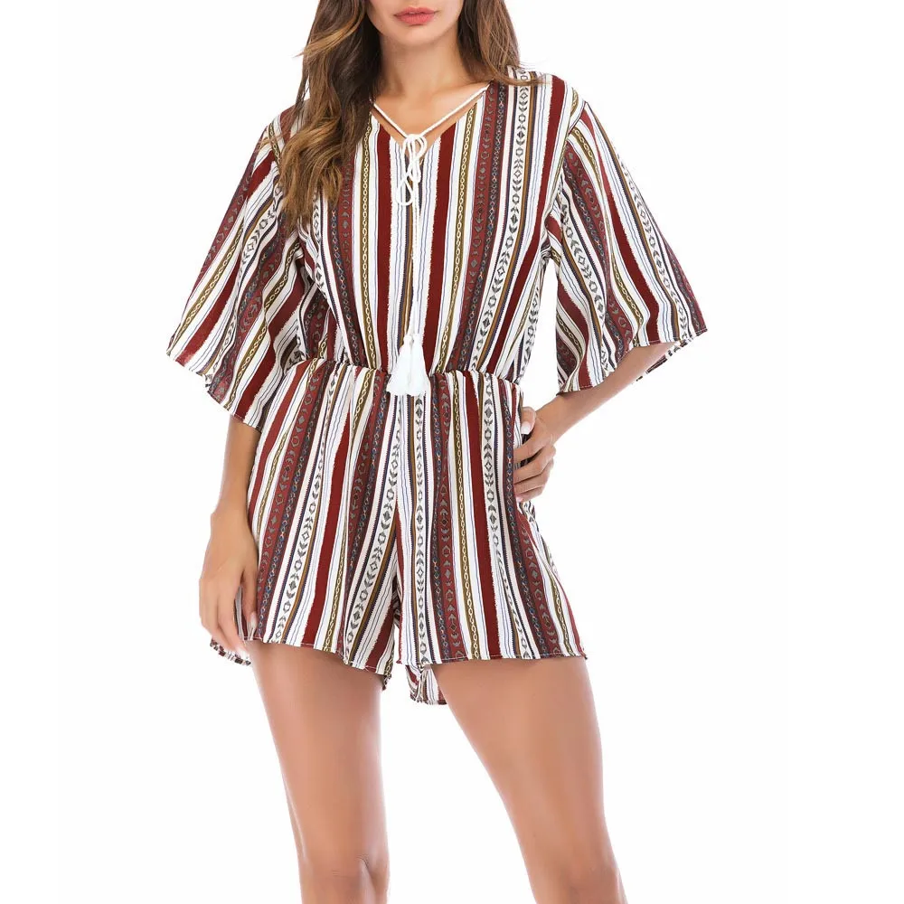 Летний женский короткий комбинезон размера плюс винтажный полосатый с v-образным