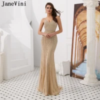 janevini luxury champagne full beaded formal evening dresses robde de soiree mermaid sexy spaghetti straps tulle long prom gowns