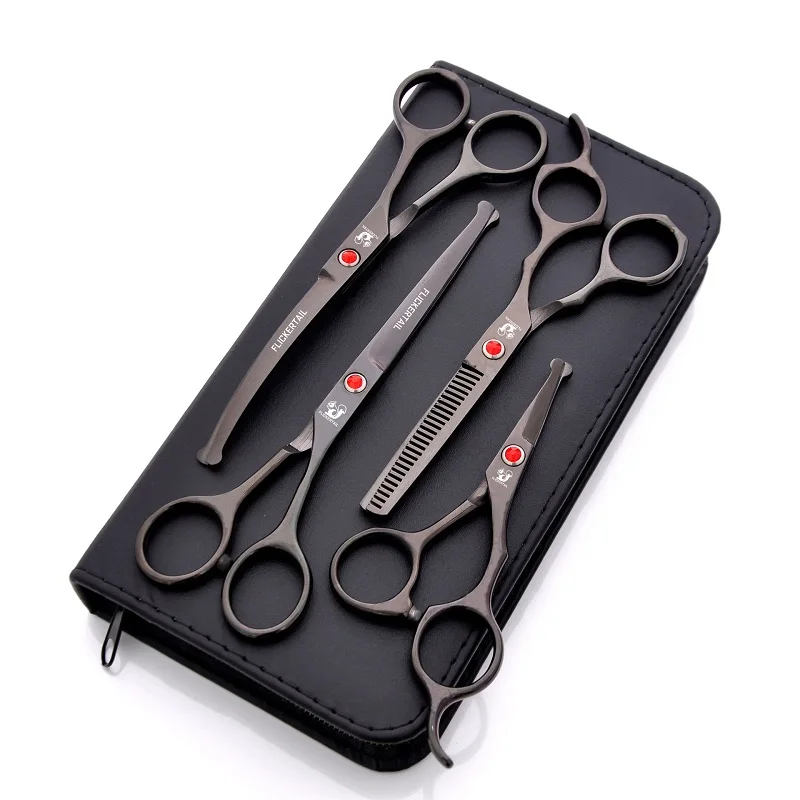 

4.5 6.5 inch 5pcs/set 9CR round-headed Professional pet scissors for cat dog grooming Straight thinning Curved Scissors Black