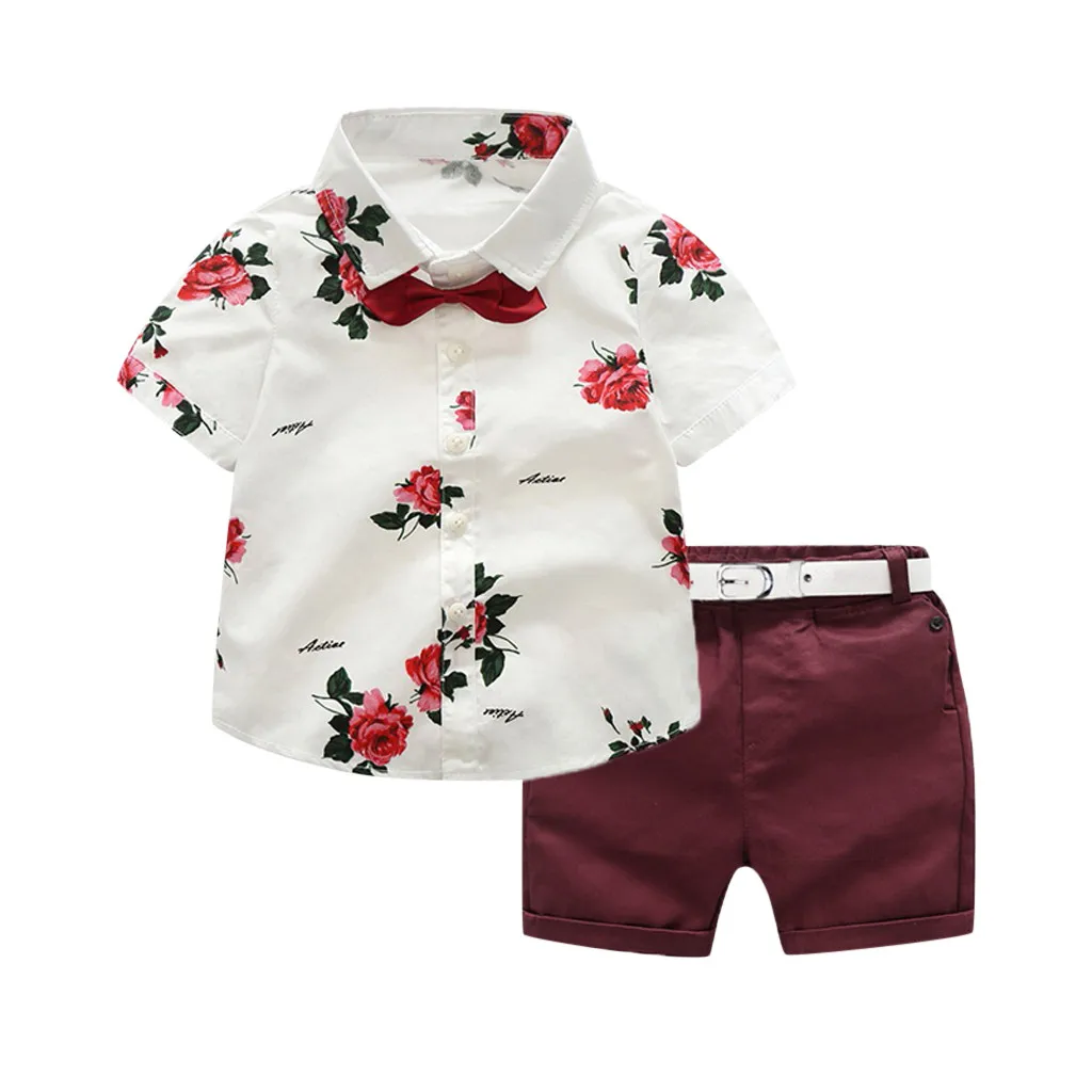 Brand New Floral Baby Boy Gentleman Outfits Suit Short Sleeve Toddler Bow Tie Shirt Tops Red Shorts Summer Set Kids Clothes | Детская