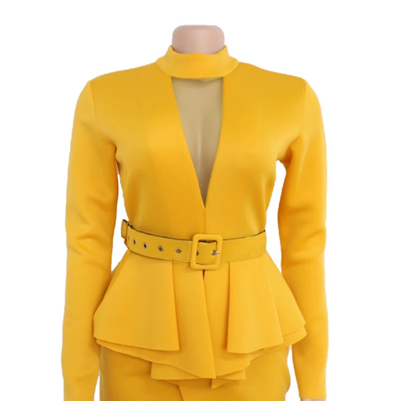 

Sashes chocker bodycond dress Women long sleeve slit ruffle yellow dresses Summer 2019 Elegant laides party dress vestido mujer