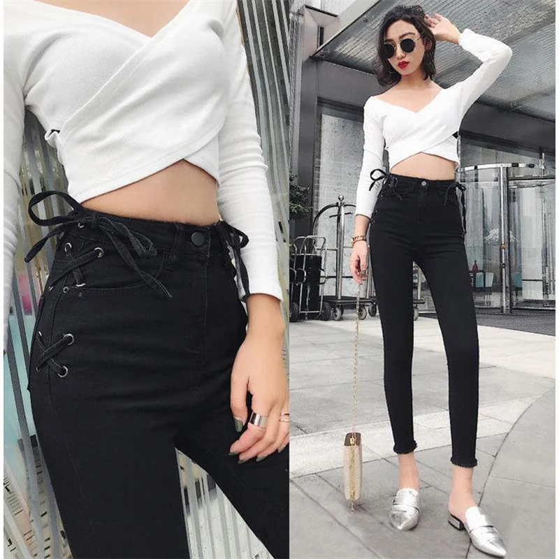 Женские джинсы повседневные с боковой шнуровкой черные Стрейчевые высокой