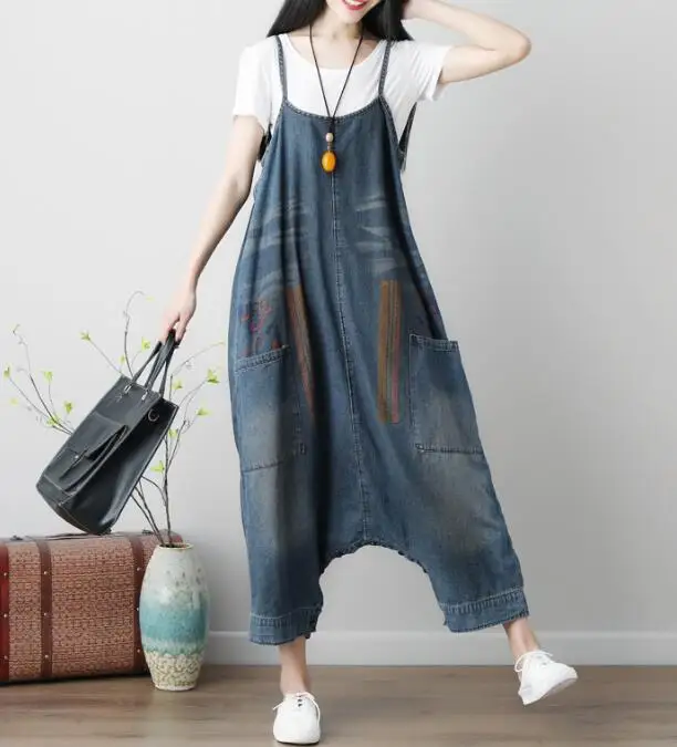 

Loose Drop Crotch Jumpsuits Women Baggy Cross Rompers pants Washed Print denim Overalls Hip-Hop harem jeans