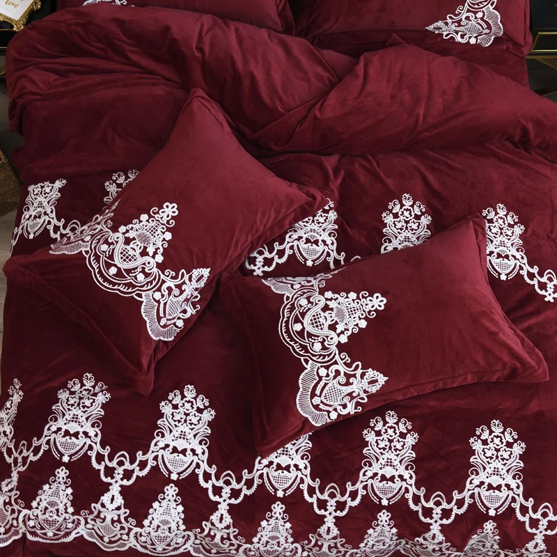 Red Wine Luxury Royal Embroidery Winter Thick Velvet Flannel Bedding Set Fleece Fabric Duvet Cover Bed Linen/sheet Pillowcases | Дом и сад